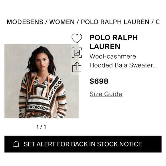 Polo Ralph Lauren Sweater Jumper Hooded Aztec Indian Wool Cashmere Baja M $698 - Picture 8 of 9